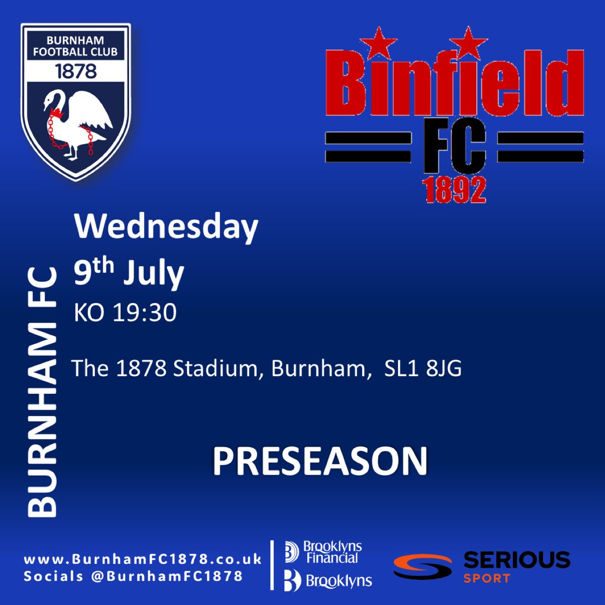 NEXT MATCH
Friendly 🤝

📅 Wednesday 09/07
⏱️ KO 19:30
🏟️ The 1878 Stadium 
🍺 🍔 Food &amp; Refreshments Available 

Admission FREE
No programmes for friendlies

Come and join in the fun, new supporters welcome 🙏 

Visitor info 
burnhamfc1878.co.uk/matchdays-at-b… 

<a href="/Binfieldfc/">Binfield FC</a> #preseason