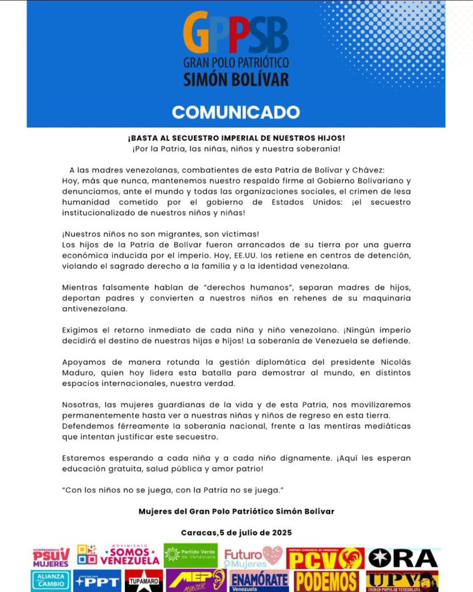 ¡Por la Patria, las niñas, niños y nuestra soberanía!

A las madres venezolanas, combatientes de esta Patria de Bolívar y Chávez: Hoy, más que nunca, mantenemos nuestro respaldo firme al Gobierno Bolivariano y denunciamos, ante el mundo y todas las organizaciones sociales, el