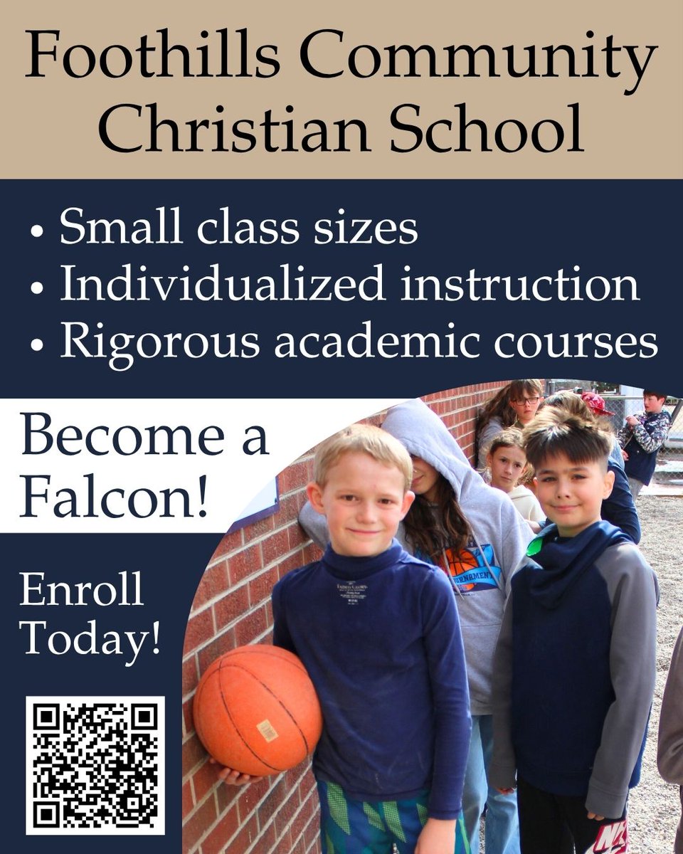 Foothillsfalcon's tweet image. FCCS assists parents in providing a Christ-centered education that values exceptional academics, strong moral character, and service to others.
Get more information about us on our website or by calling our office.
foothillschristian.org