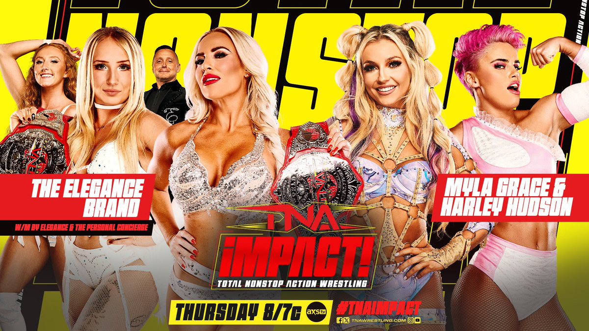 TNA Wrestling (@thisistna) on Twitter photo The Elegance Brand's <a href="/Ashamae_Sebera/">Ash By Elegance</a> and <a href="/Heathereckless/">Heather by Elegance 💋</a> take on <a href="/MylaGrace_x/">Myla Grace ☾⋆ マイラー・グレース</a> and <a href="/harleyhudsonx/">HARLEY HUDSON🧚🏼♀️</a> THURSDAY at 8/7c on <a href="/AXSTV/">AXS TV</a> in the US, <a href="/Sportsnet/">Sportsnet</a> 360 in Canada plus FREE on TNA+ and YouTube worldwide.
#TNAiMPACT The Elegance Brand's <a href="/Ashamae_Sebera/">Ash By Elegance</a> and <a href="/Heathereckless/">Heather by Elegance 💋</a> take on <a href="/MylaGrace_x/">Myla Grace ☾⋆ マイラー・グレース</a> and <a href="/harleyhudsonx/">HARLEY HUDSON🧚🏼♀️</a> THURSDAY at 8/7c on <a href="/AXSTV/">AXS TV</a> in the US, <a href="/Sportsnet/">Sportsnet</a> 360 in Canada plus FREE on TNA+ and YouTube worldwide.
#TNAiMPACT