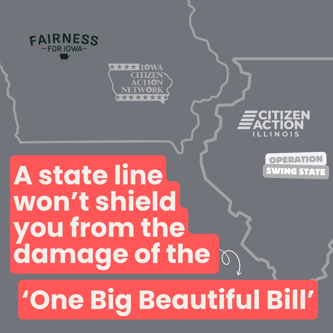 CitizenActionIL's tweet image. Our fight for working families continues. No state line can shield us from the impact the &apos;One Big Beautiful Bill&apos; will have on our neighbors. Join us and our friends at Iowa Citizen Action Network, Fairness for Iowa, and Operation Swing State for a rally on Tuesday!