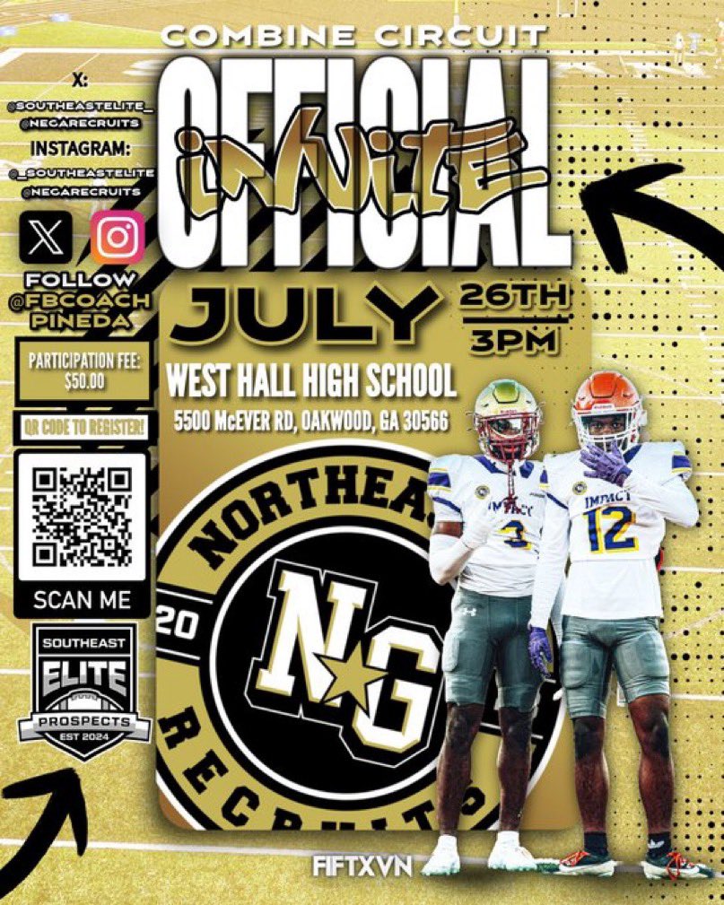 Thank you <a href="/NEGARecruits/">Northeast Georgia Recruits</a> <a href="/FBCoachPineda/">Coach Taylor Pineda (Coach P)</a> <a href="/SoutheastElite_/">Southeast Elite Prospects</a> 
For the invite
