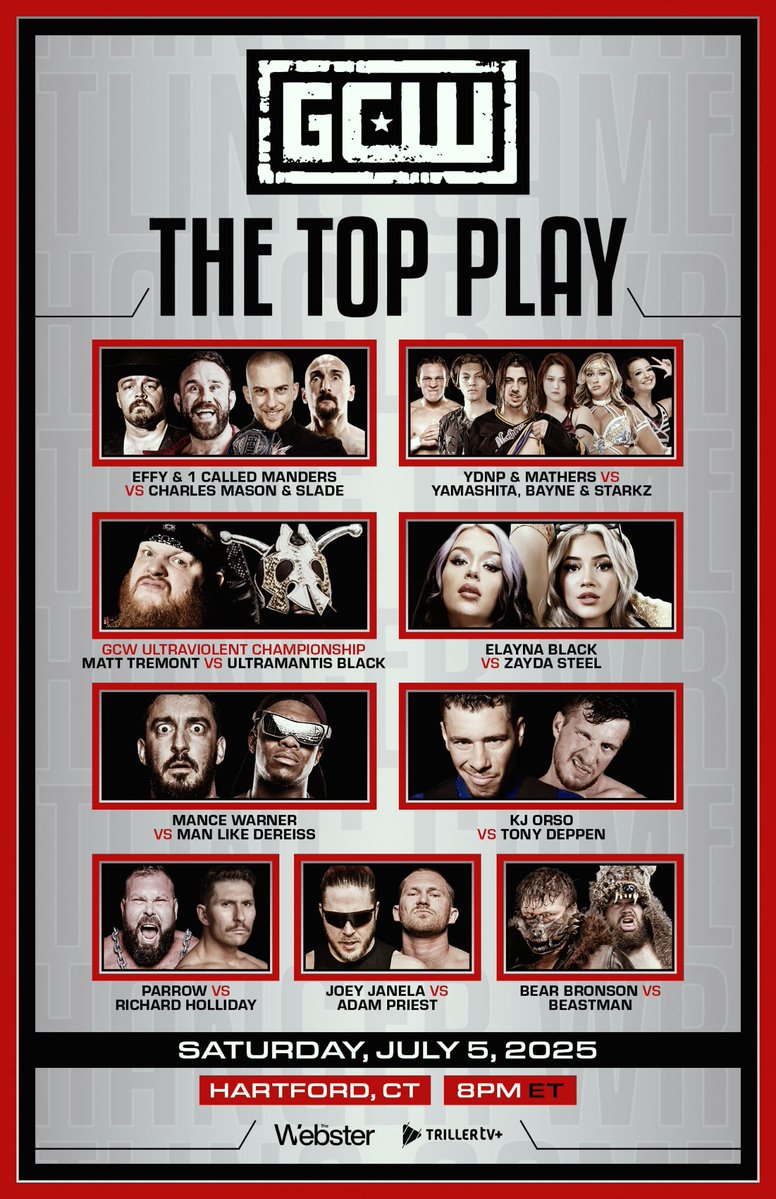 *TONITE 8PM*

GCW returns to HARTFORD with a stacked lineup for #GCWPlay!

Feat:
SGC v Mason/Slade
Elayna v Zayda
Mantis v Redacted
YDNPM v Miyu/Starkz/Bayne
Holliday v Parrow
Mance v Dereiss
KJ v Deppen
Janela v Priest
Bear v Beast
+more

Watch LIVE on <a href="/Triller_TV/">TrillerTV</a>+

Tix at Door