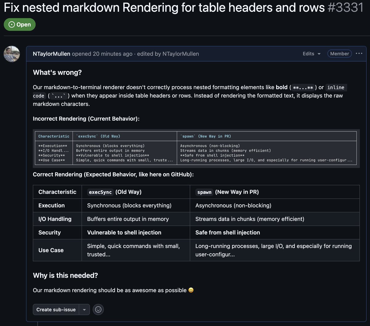 ntaylormullen's tweet photo. Anyone want to take a crack at this Gemini CLI markdown rendering bug?
Issue: https://t.co/cJXMavajio
Figured it'd be a great first issue + I'll review any PRs folks submit. If there's more than one, we can let Gemini CLI choose the winner 😀
#GeminiCLI #GoodFirstIssue #AI https://t.co/uKkZzxR1hJ