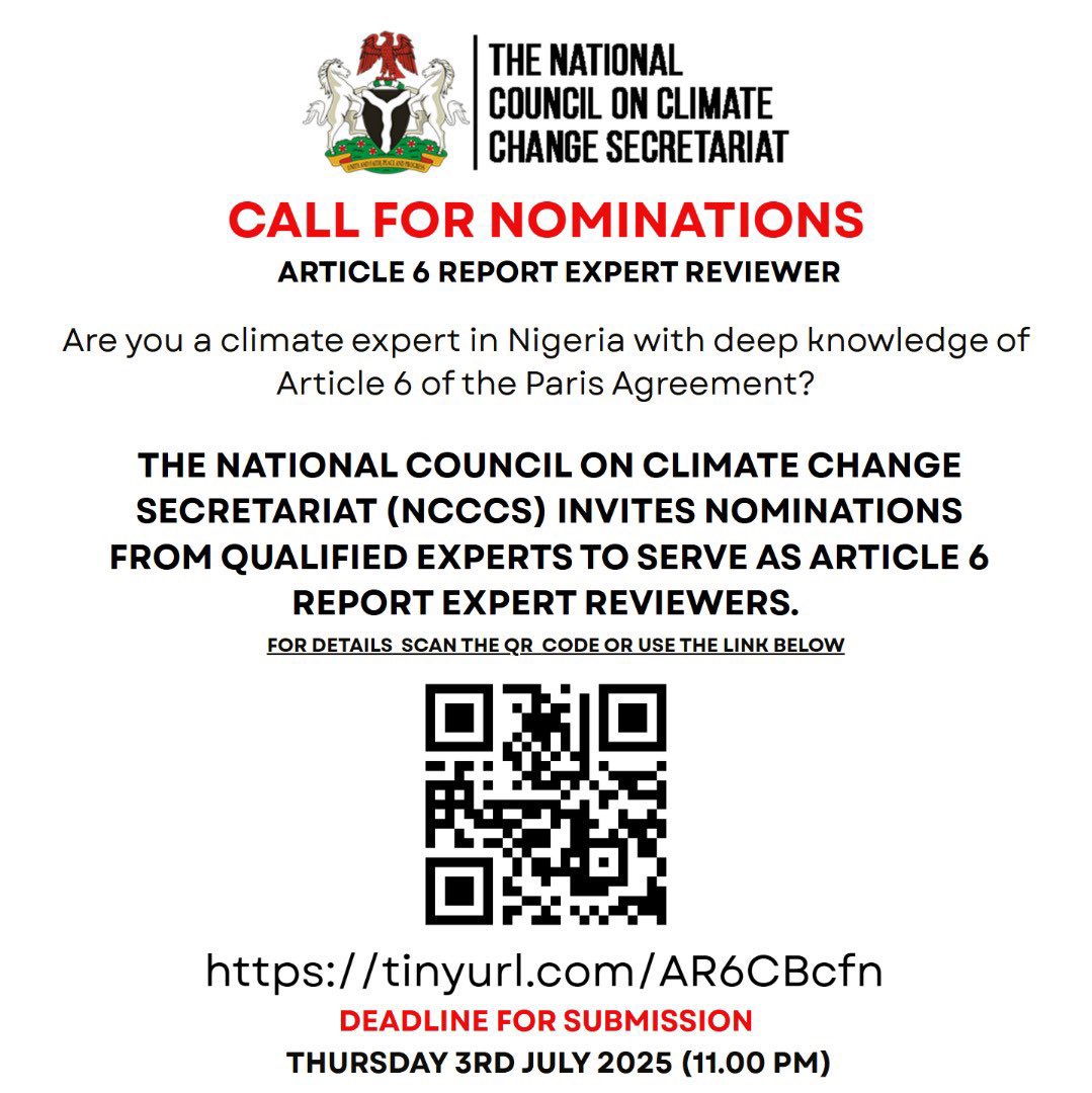 #NGYouthSDGs | Nigeria Youth SDGs (@ngyouthsdgs) on Twitter photo Re-advertised
<a href="/NCCCSNigeria/">National Council on Climate Change Secretariat</a> is looking for climate change experts with technical and scientific expertise in Article 6 of the Paris Agreement ?
You will serve as qualified experts for their Article 6 Report Review.
Link: tinyurl.com/AR6CBcfn Re-advertised
<a href="/NCCCSNigeria/">National Council on Climate Change Secretariat</a> is looking for climate change experts with technical and scientific expertise in Article 6 of the Paris Agreement ?
You will serve as qualified experts for their Article 6 Report Review.
Link: tinyurl.com/AR6CBcfn