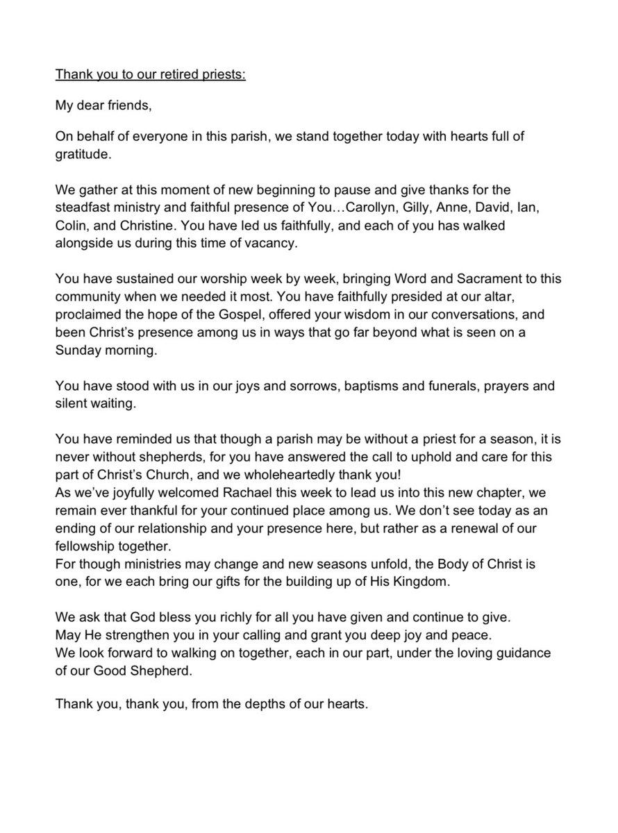 AnthonyGReay's tweet photo. This afternoon I had the pleasure of leading our thank you to our retired priest’s who’ve walked along side us during our vacancy. #stjohnschev is stronger together because of that journey. https://t.co/p4vtvJVcse