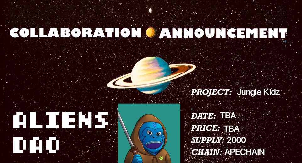 AliensM👽💜 (@basedaliens24) on Twitter photo COLLABORATION 🪩
PROJECT: <a href="/junglekidz_/">jungle kidz</a>
DETAILS:
PRICE:- TBA
SUPPLY:- 2000
CCHAIN:- Apechain
PRIZE: 10 FCFS spot
TASKS: Follow: <a href="/junglekidz_/">jungle kidz</a> and <a href="/basedaliens24/">ALIENS DAO</a>
JoinDiscord:discord.gg/9auUCvrEsH
- Like and repost
- Reply with evm wallet
GOODLUCK ALIENS 👾 COLLABORATION 🪩
PROJECT: <a href="/junglekidz_/">jungle kidz</a>
DETAILS:
PRICE:- TBA
SUPPLY:- 2000
CCHAIN:- Apechain
PRIZE: 10 FCFS spot
TASKS: Follow: <a href="/junglekidz_/">jungle kidz</a> and <a href="/basedaliens24/">ALIENS DAO</a>
JoinDiscord:discord.gg/9auUCvrEsH
- Like and repost
- Reply with evm wallet
GOODLUCK ALIENS 👾