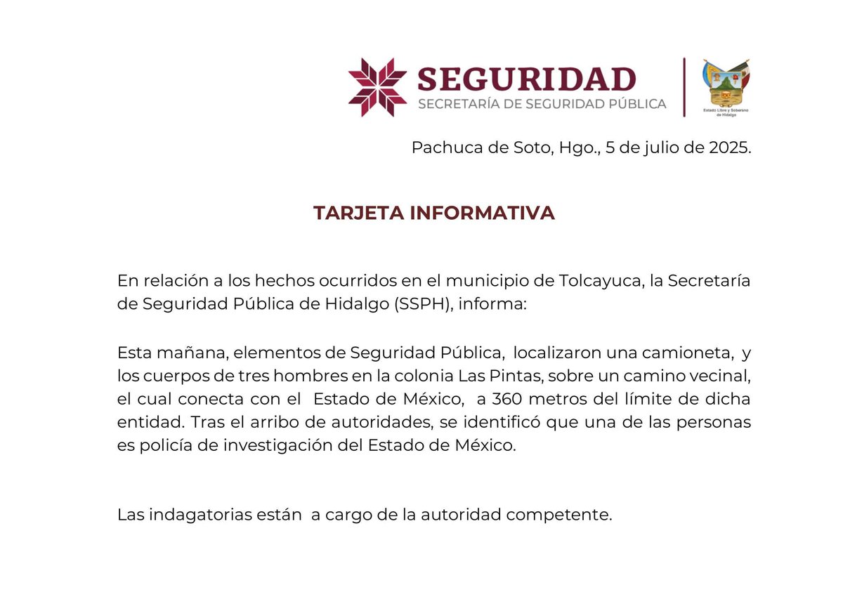 Esta mañana fueron ejecutados tres hombres en el municipio de #Tolcayuca #Hidalgo, de acuerdo con la Secretaría de Seguridad Pública de Hidalgo, uno de ellos fue identificado como policía de investigación del Estado de México.