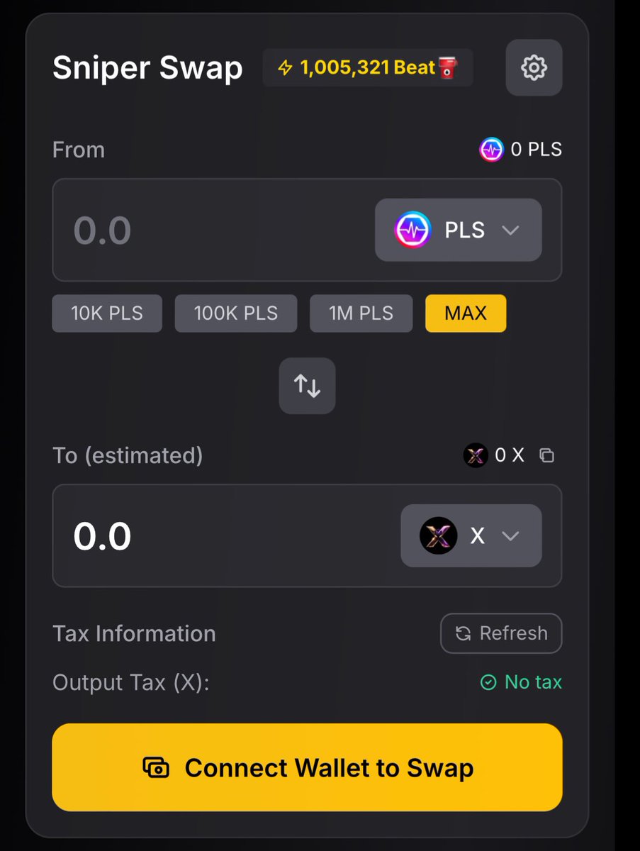 CryptoKong145's tweet photo. Sniper Swap:
Same PulseX deals โ but with faster execution, zero clutter, Zero overhead, and snipe-ready UX โก
Automatic Tax detection
No distractions. Just speed.
Try it now on PulseChain ๐ https://t.co/v7Xc2AxUx5
#PulseChain #Hex #DeFi #PLS #XProtocol https://t.co/M6u38uZhL7