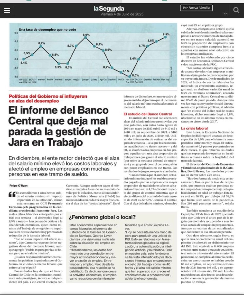 Hay un acuerdo de que el deterioro grave en las oportunidades de empleo,especialmente en jóvenes y mujeres,se explican por los errores de las políticas laborales del Gobierno.Es lamentable ya que no hay mejor instrumento para el bienestar d los chilenos q el trabajo
