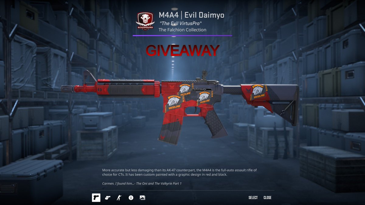 500 Follower G*VEAWAY 4/5:   
🎁M4A4 | Evil Daimyo (MW)    
🎁 with 4x Virtus pro | Katowice 2015 stickers

What you have to do:  
👥Follow +❤️Like +🔄RT  
🟢What's the next skin you are planning on getting?

🧷Ends 12.07
(The last one will be a big one)