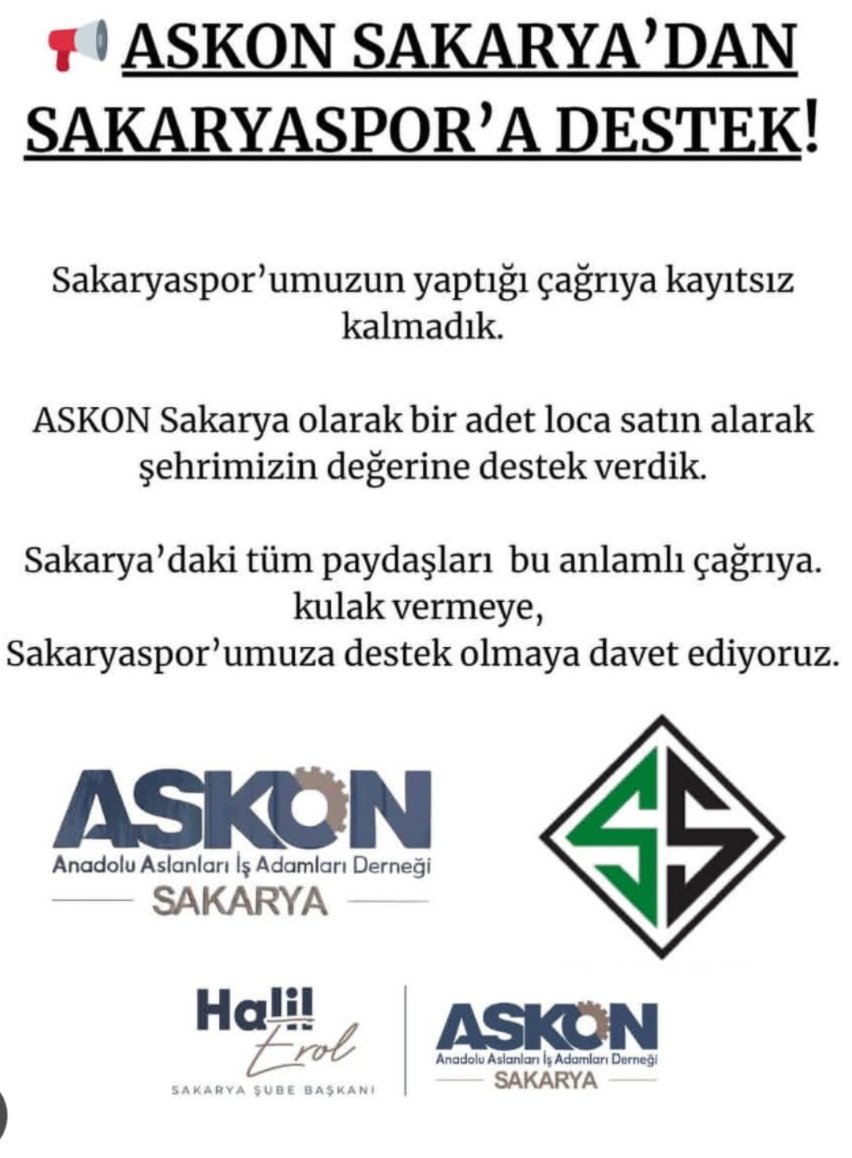 Sakaryaspor’umuzun yaptığı çağrıya kayıtsız kalmadık.

ASKON Sakarya olarak bir adet loca satın alarak şehrimizin değerine destek verdik.

Sakarya’daki tüm paydaşları  bu anlamlı çağrıya kulak vermeye, 
Sakaryaspor’umuza destek olmaya davet ediyoruz...