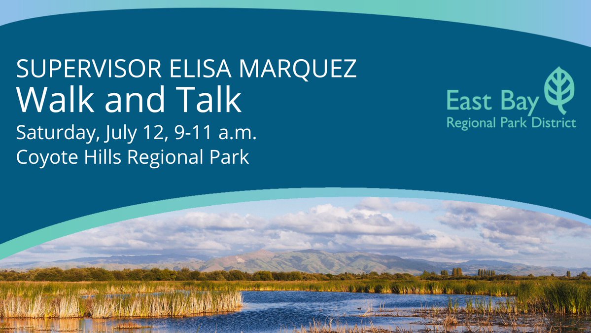 EBRPD's tweet image. Join Alameda County District 2 Supervisor Elisa Márquez on Sat, July 12, from 9-11 am for a free naturalist-led walk at Coyote Hills in Fremont. Enjoy a scenic stroll while discussing community issues. No registration required; free parking for attendees. ebparks.org/government-aff…