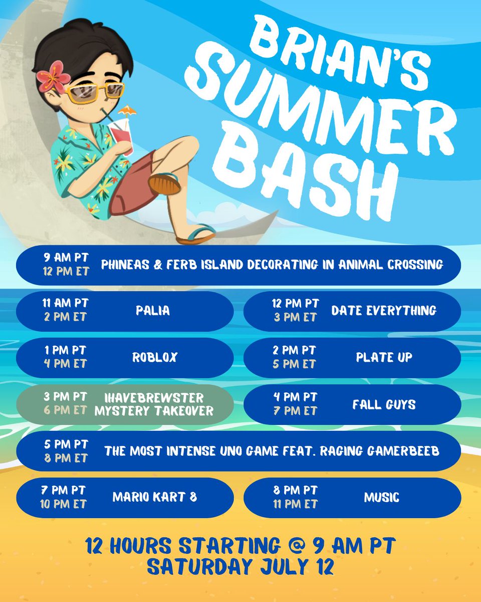 itsbrianso's tweet image. WHAT TIME IS IT? SUMMER TIME! You're invited to my 12 Hour Summer Bash starting at 9 AM PT on Saturday July 12! So many fun things planned including a mystery stream takeover by @ihavebrewster 🤩 See you there!