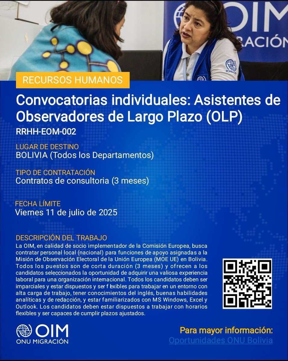 📣 CONVOCATORIA

Consultorías Individuales de apoyo a Misión de Observación Electoral en Bolivia:
Asistentes de Observadores de Largo Plazo.

✅ Fecha límite: 11 de julio 2025

📍 Bolivia (Todos los Departamentos)

Más información y postulación:
oportunidades.onu.org.bo/convocatorias/…