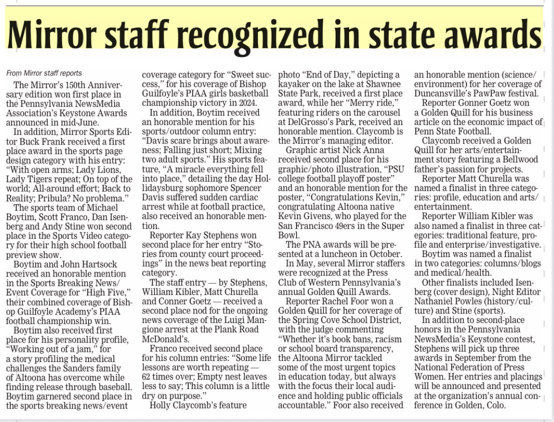 BoytimMichael's tweet image. No business or person that works there is perfect. But the staff at @AltoonaMirrorPA really try our best to bring you a great product. None of us are in this for awards, but this year we were among the top papers our size in the state and the sports department did very well!