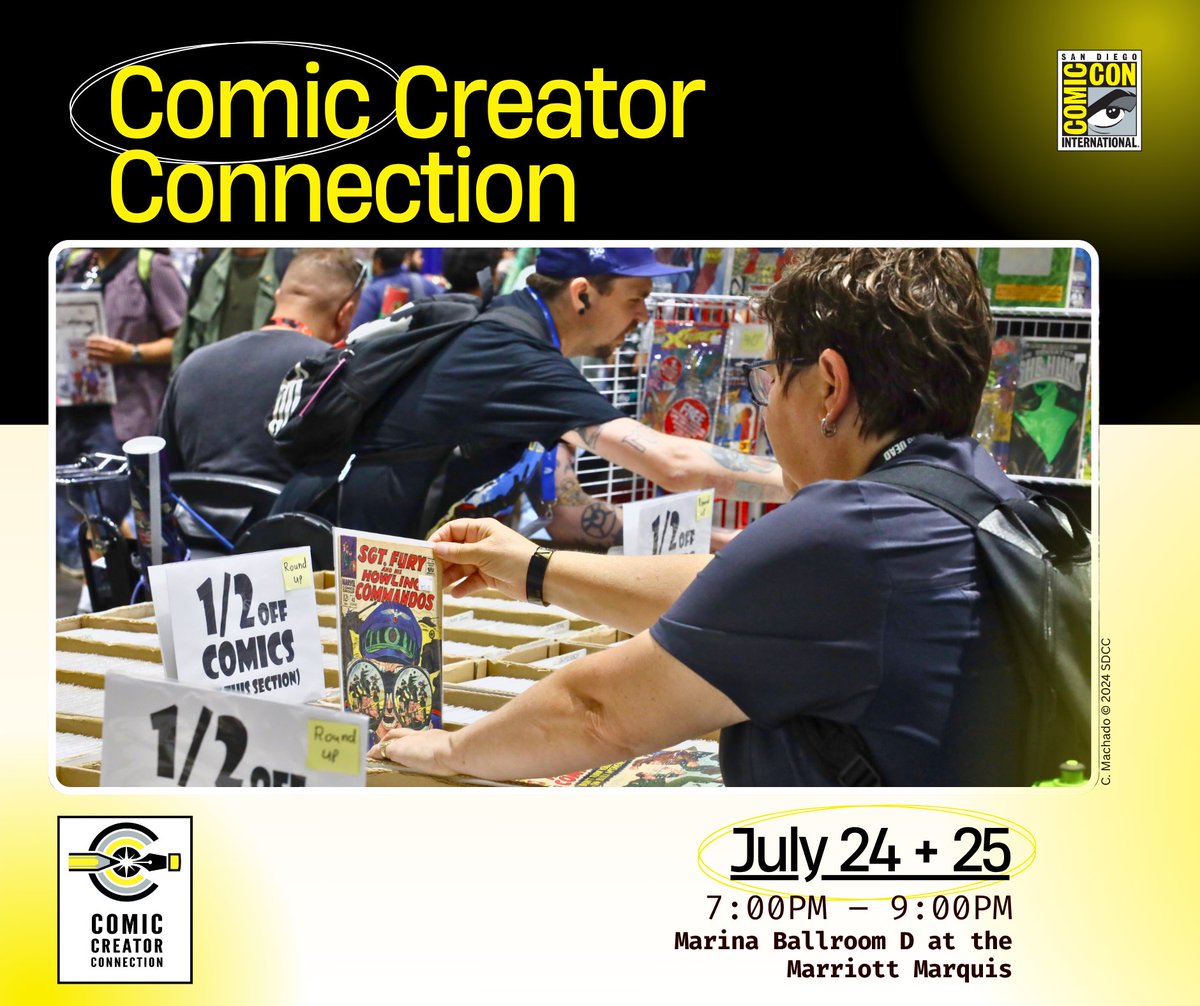 Comic_Con's tweet image. Whether you're sketching your next hero or building your dream game, Comic Creator Connection (CCC) and Gaming Creator Connection (GCC) at Comic-Con 2025 bring together storytellers, artists, and developers where sparks fly and collaborators connect. #SDCC2025…