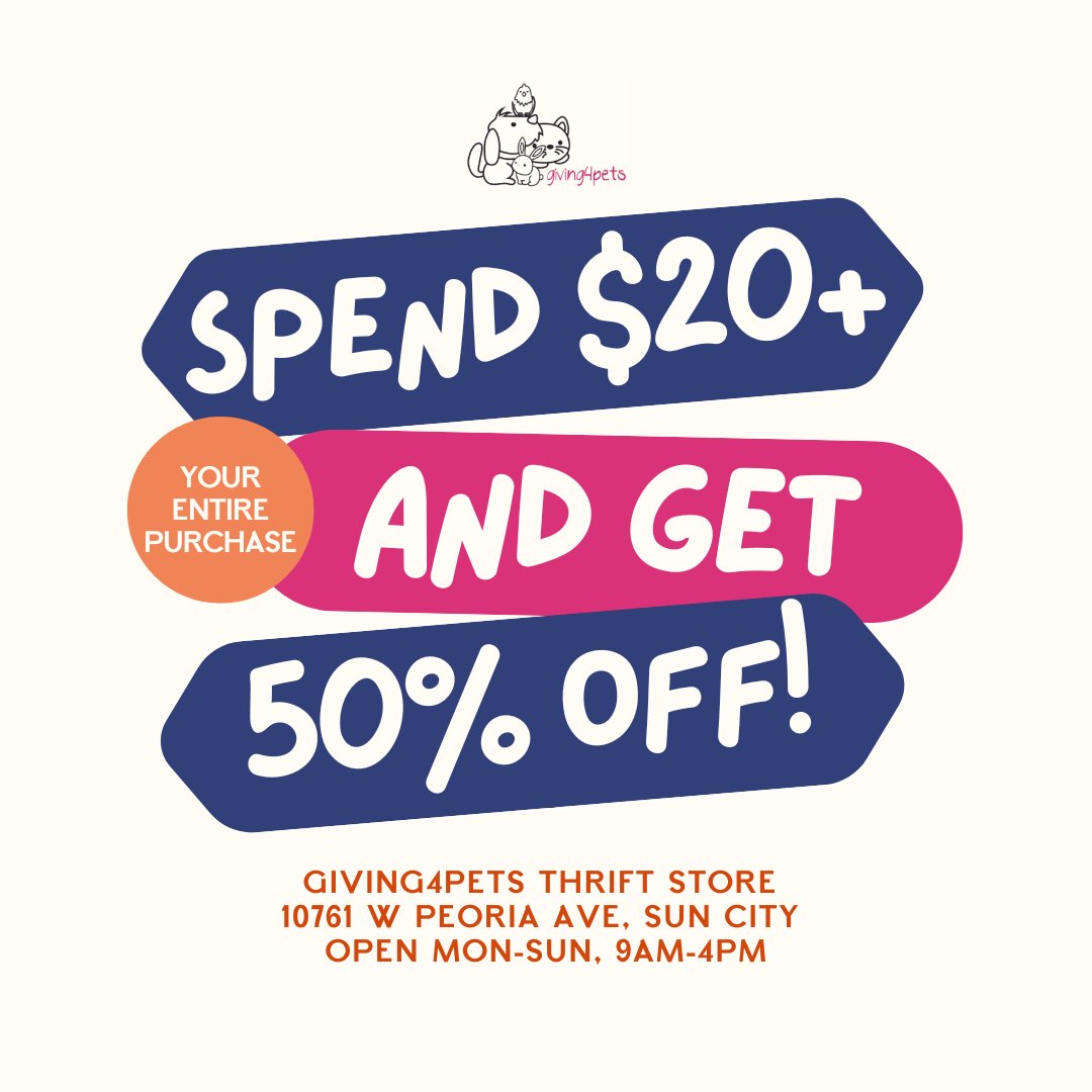 Need to shop for summer clothes? Look no further, G4P's got your back -- spend $20+ and get 50% off your entire purchase this July! 🎉😱🛍️ Find the best summer deals at the Giving4Pets Thrift Store! 

📍10761 W Peoria Ave, Sun City AZ
