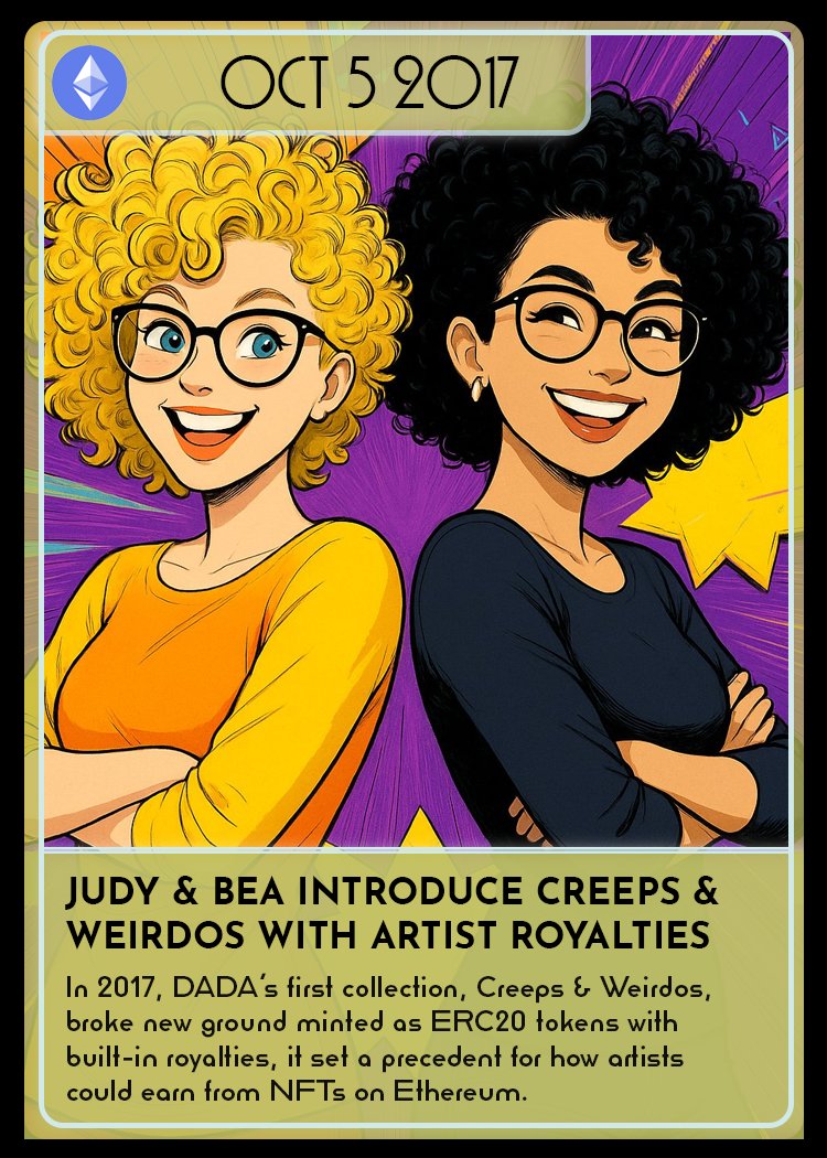 🎨Today’s OG-SAN introduces Judy &amp; Bea <a href="/PowerDada/">DADA</a>, the visionary artists who pioneered built-in on-chain royalties. 💰

They revolutionized the way #crypto artists earn from their creations on #Ethereum. 

🖼️Are you a collector of DADA’s art? 👇

#OGSAN #CryptoCollectibles #web3