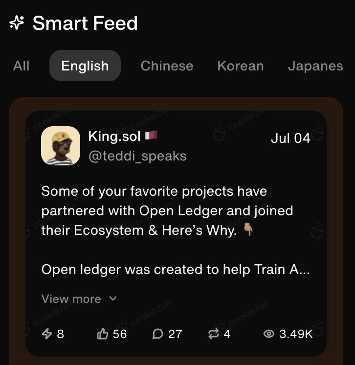 Noticed my last tweet about Open Ledger made it into the Smart feed on Cookie site. 

Do you think Kaito needs this feature ln their platform to show you which of your tweets earned yaps for the day. 

This is exceptional data computing from the cookie team, this feature helps