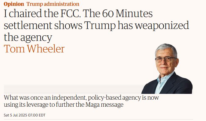 "I chaired the <a href="/FCC/">FCC</a>," says <a href="/BarackObama/">Barack Obama</a> appointee <a href="/tewheels/">Tom Wheeler</a>. "60 Minutes settlement shows <a href="/POTUS/">President Donald J. Trump</a> Trump has weaponized the agency." [Didn't Tom Wheeler omit that <a href="/JRosenworcel/">Jessica Rosenworcel</a> sought public input on @Fox29philly license revocation for 18 months?] buff.ly/CIO0Y6s
