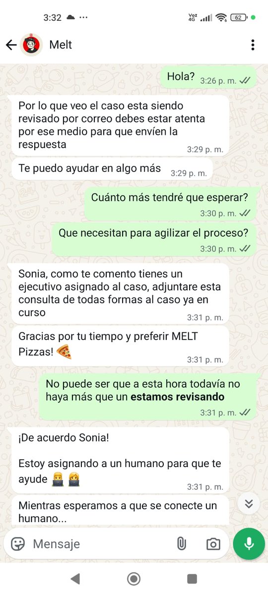 Sandro_RE5's tweet photo. Servicio nefasto el de #MeltPizza, y cuando reclamas aparte de demorarse hrs en contestar, tienen el descaro de cerrar la conversación. Tocará #Sernac no más https://t.co/8nXxzxMzji