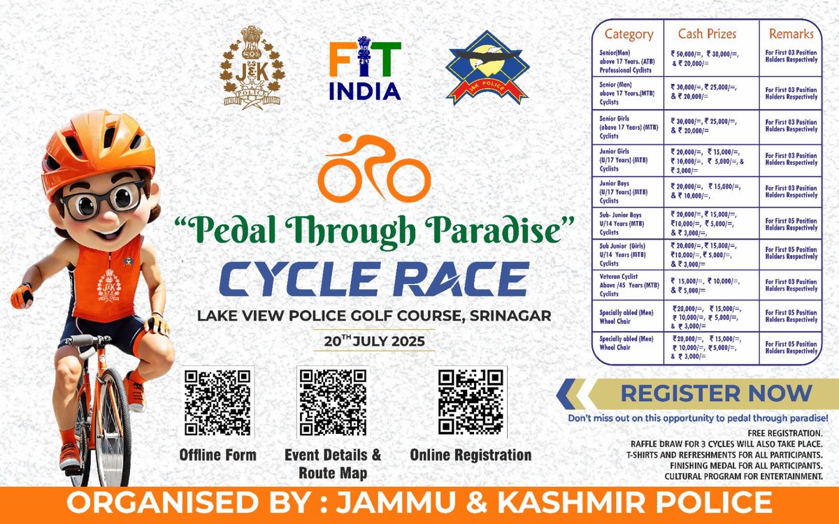 Daily Asian Mail (@dailyasianmail) on Twitter photo #CycleRace
Scan and Register
Join us and win fabulous prizes.
#PedalthroughPradise #Srinagar
<a href="/JmuKmrPolice/">J&K Police</a> <a href="/SrinagarPolice/">Srinagar Police</a> <a href="/KashmirPolice/">Kashmir Zone Police</a> <a href="/OfficeOfLGJandK/">Office of LG J&K</a>
<a href="/DivComKash/">Divisional Commissioner Kashmir</a>
<a href="/ZPHQJammu/">Zonal Police Media Centre-Jammu</a>
<a href="/srinagaradmin/">Srinagar district administration</a>
<a href="/diprjk/">Information & PR, J&K</a> #CycleRace
Scan and Register
Join us and win fabulous prizes.
#PedalthroughPradise #Srinagar
<a href="/JmuKmrPolice/">J&K Police</a> <a href="/SrinagarPolice/">Srinagar Police</a> <a href="/KashmirPolice/">Kashmir Zone Police</a> <a href="/OfficeOfLGJandK/">Office of LG J&K</a>
<a href="/DivComKash/">Divisional Commissioner Kashmir</a>
<a href="/ZPHQJammu/">Zonal Police Media Centre-Jammu</a>
<a href="/srinagaradmin/">Srinagar district administration</a>
<a href="/diprjk/">Information & PR, J&K</a>