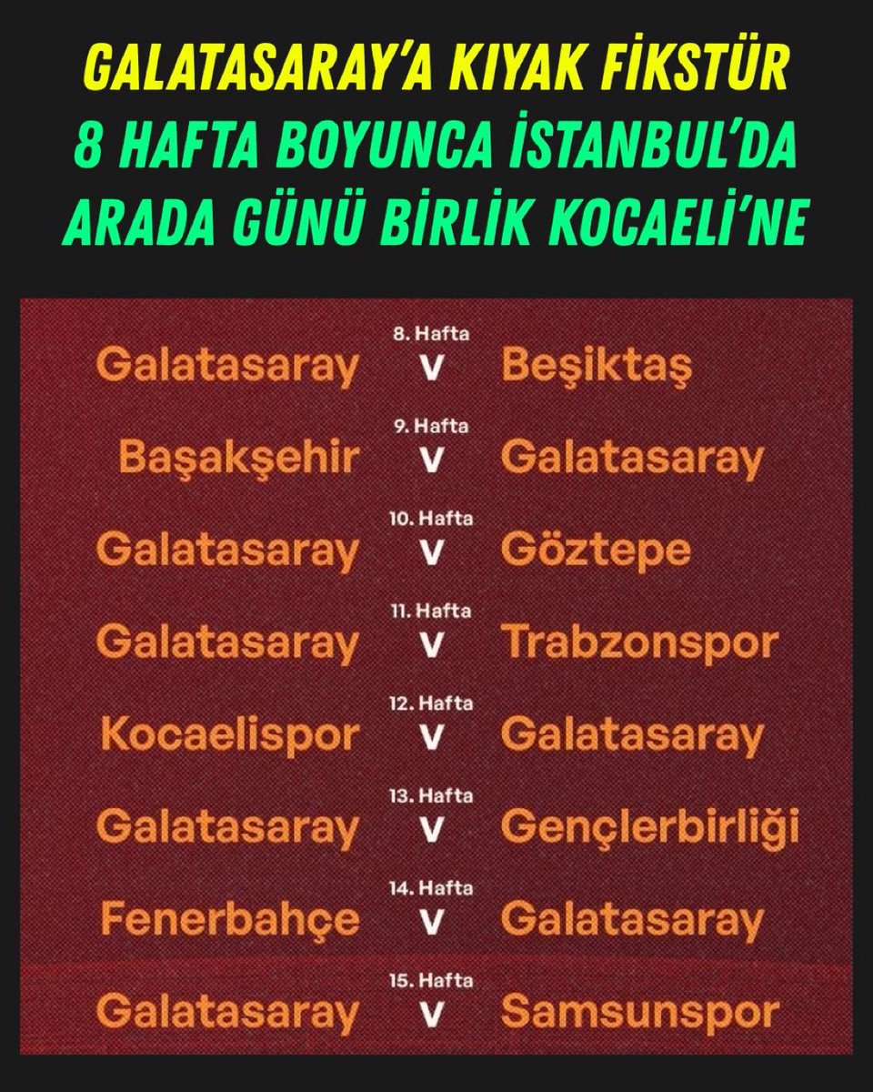 Fikstür şikesi yok diyorlarsa karşılıklı fikstürleri değiştirelim.

8 hafta İstanbul dışına çıkmıyor, arada 1 kere maçtan 1 saat önce yola çıksa gideceği Kocaeli’ne gidiyor.
