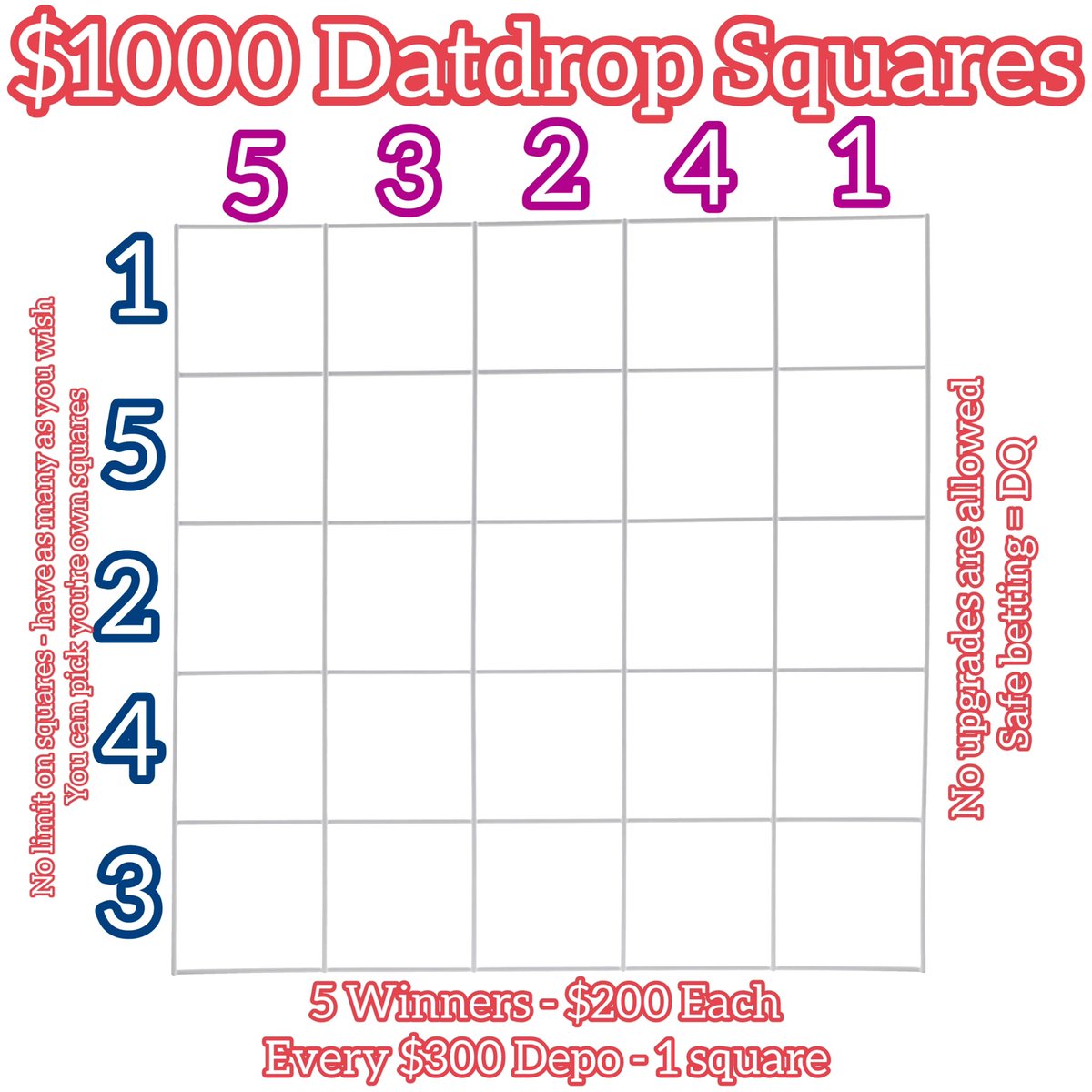 ‼️‼️NEW STYLE DATDROP COMP‼️‼️

🎁$1000 LTC <a href="/DATDropCases/">DATDropCases</a> Squares

📌No limit on amount of squares you get 
📌You can choose the squares you want
📌Will roll whenever board is filled
📌Random org will roll two numbers whatever square lines up with those numbers wins $200 LTC