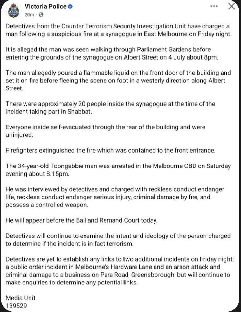 ***Breaking****

Melbourne, Australia - Detectives from the Counter Terrorism Security Investigation Unit have arrested &amp; charged a man over the East Melbourne Synagogue arson attack

<a href="/theheraldsun/">Herald Sun</a> <a href="/theage/">The Age</a> <a href="/australian/">The Australian</a> <a href="/3AW693/">3AW Melbourne</a> <a href="/Jerusalem_Post/">The Jerusalem Post</a> <a href="/abcmelbourne/">ABC Melbourne</a> <a href="/ZionistFedAus/">Zionist Federation of Australia</a> <a href="/ECAJewry/">Executive Council of Australian Jewry</a>