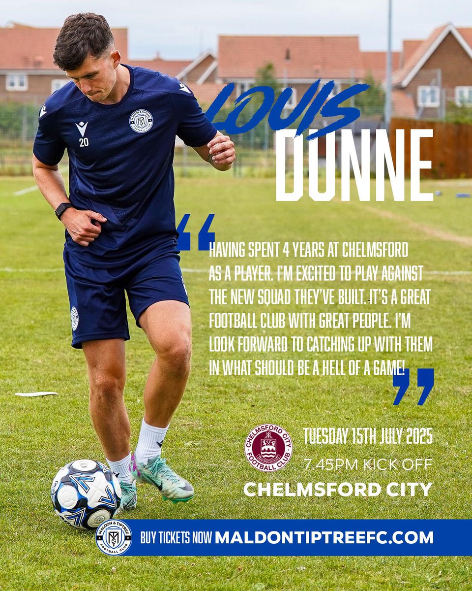 Maldon & Tiptree FC (@maldontiptreefc) on Twitter photo 🗣️ “It’s a great football club with great people”
<a href="/_LouisDunne/">Louis Dunne</a> is set to face his former club, when we welcome <a href="/OfficialClarets/">Chelmsford City FC</a> on the 15th July 📆
🎟 Get your tickets now: tinyurl.com/5enadnum 🗣️ “It’s a great football club with great people”
<a href="/_LouisDunne/">Louis Dunne</a> is set to face his former club, when we welcome <a href="/OfficialClarets/">Chelmsford City FC</a> on the 15th July 📆
🎟 Get your tickets now: tinyurl.com/5enadnum