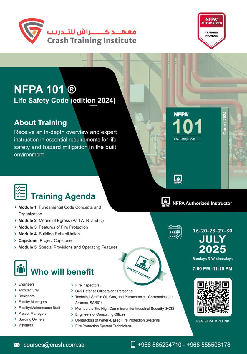نلتقيكم مجددا الاسبوع القادم *بتاريخ 2025/7/16م* 
في الدورة الرابعة من سلسة دوراتنا المعتمدة من الجمعية الوطنية الأميركية للحماية من الحريق NFPA ، و هي دورة كود حماية الأرواح
 *Life Safety Code edition 2024* 

 *مميزات الدورة :* 
* مدرب الدورة معتمد من NFPA 
* محتويات الدورة من