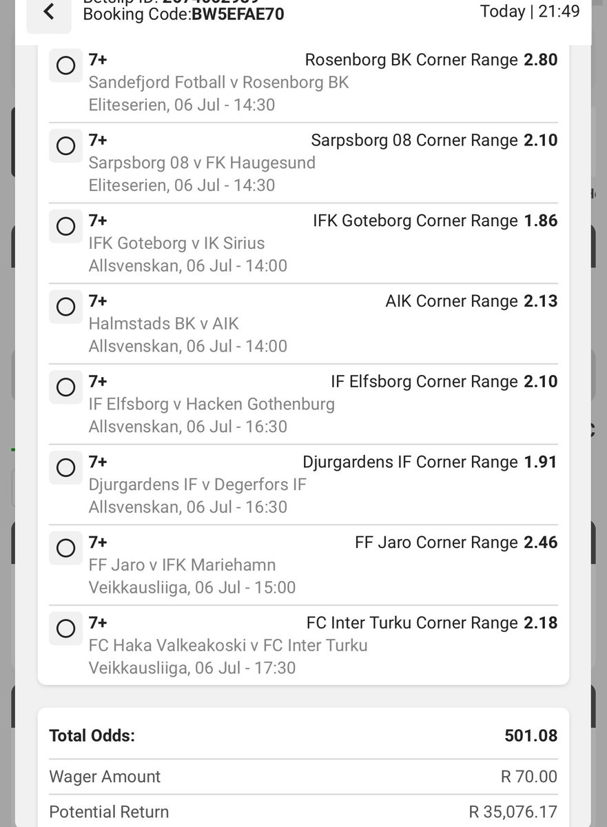 501 odds 

Betway code - BW5EFAE70

Kick off - Sunday 14:00

Good luck