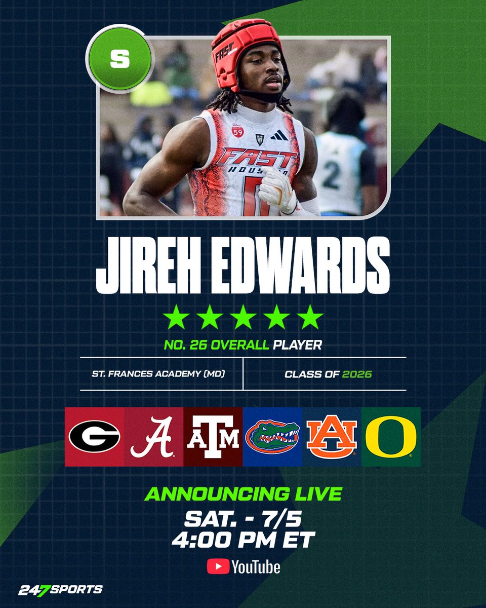 BREAKING: 5-star safety Jireh Edwards is announcing his college commitment LIVE on 247Sports 🚨

His finalists are Georgia, Alabama, Texas A&amp;M, Florida, Auburn, Oregon. 

📺: youtube.com/live/rPSlaM3iJ…