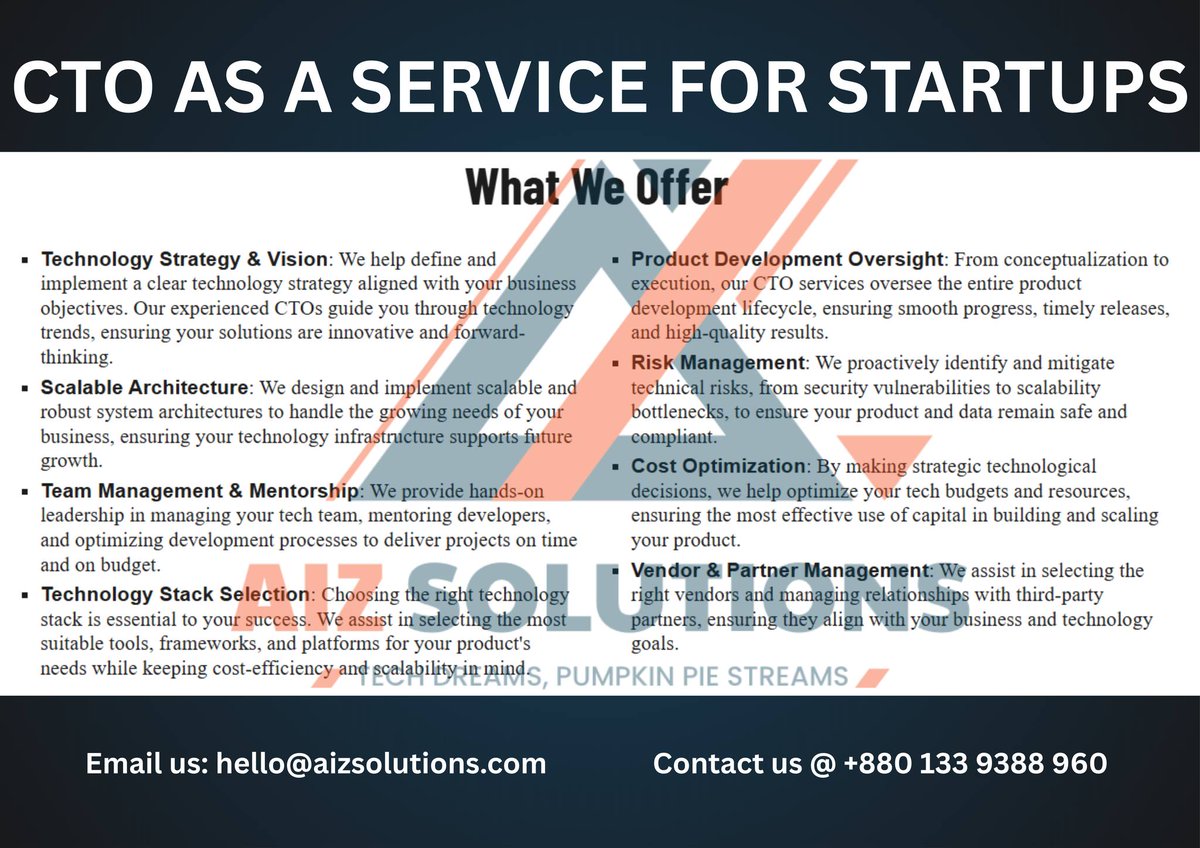 AIZSolutionss's tweet photo. 🚀 Scale smarter with CTO Services from AIZ Solutions!
From strategy to secure, scalable tech—your startup’s growth is our mission.
👉 https://t.co/chTD7R6UCs
#CTOServices #StartupGrowth #AIZSolutions #TechLeadership https://t.co/opcT0OAqRR