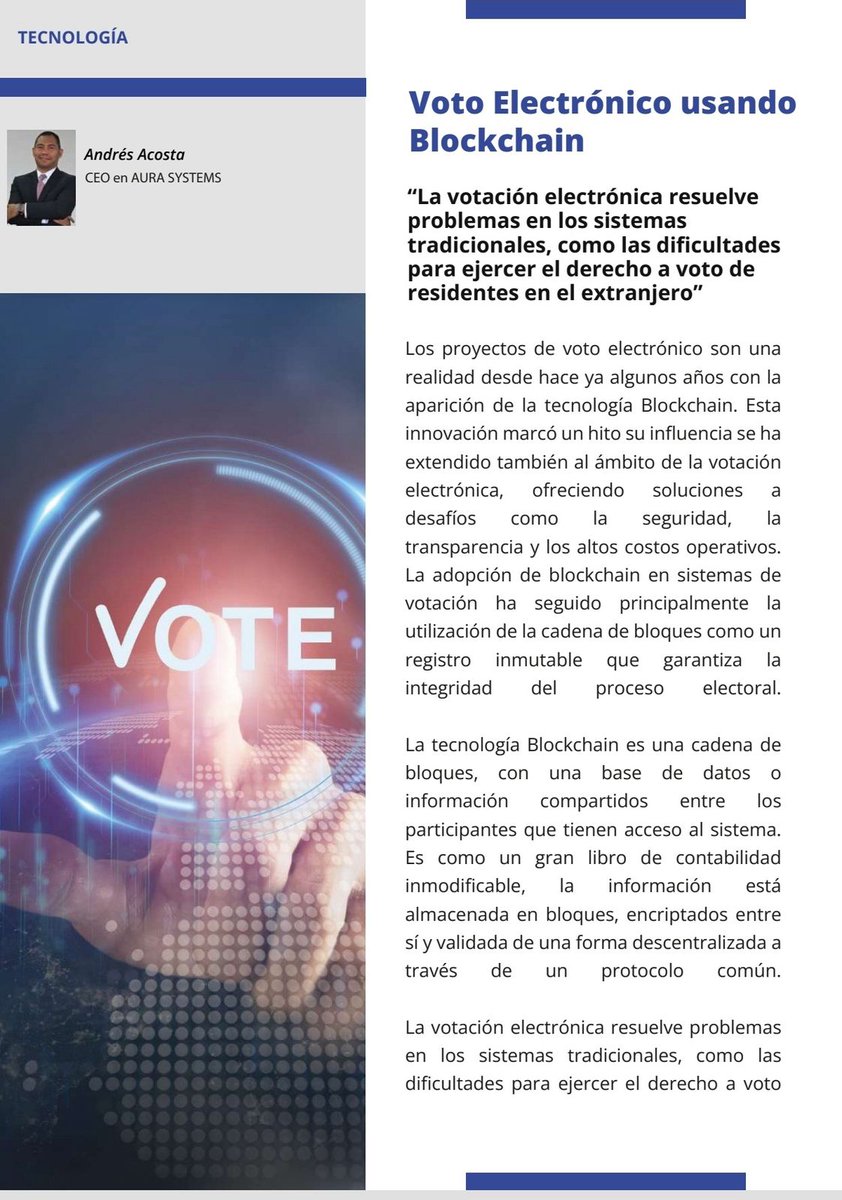 aurasystemsperu's tweet photo. Nos complace compartir el reciente artículo sobre: “Voto Electrónico usando #blockchain” para la revista #CAMBRAPER — Cámara de Comercio Brasil 📷Perú 📷. Pueden acceder a la revista en los siguientes enlaces:
- Versión en Español: https://t.co/qAqxUavEbx https://t.co/fjyKxz3vbh