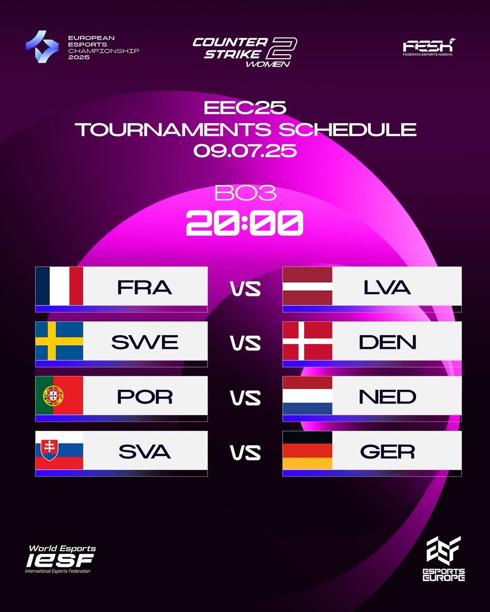🎮 European Esports Championship CS2 Women!🏟️

 📅 TOURNAMENT SCHEDULE - DAY 1 💥

Are you ready for games, action, victories, all day long?

Stay tuned for tournament schedule for other days.👀

💥9-13 July
📍”1 Tetori” Venue