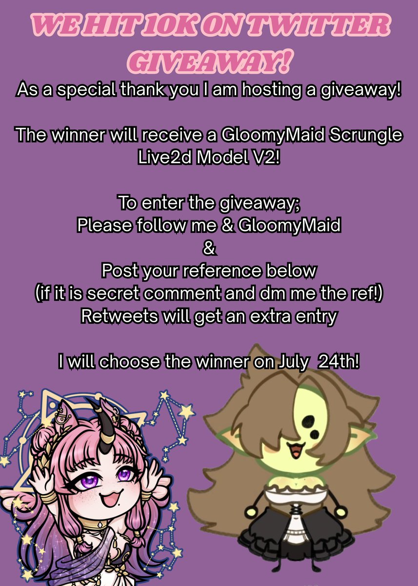 WE HIT 10K ON TWITTER! 💕
As a special thank you I am hosting a giveaway!

The winner will receive a Scrungle Live2d Model V2 by Gloomy!

To enter;
Please follow me &amp; <a href="/GloomyMaid/">Gloomy</a> &amp; comment your reference!

Retweets will get an extra entry!

Ends on July 24th!