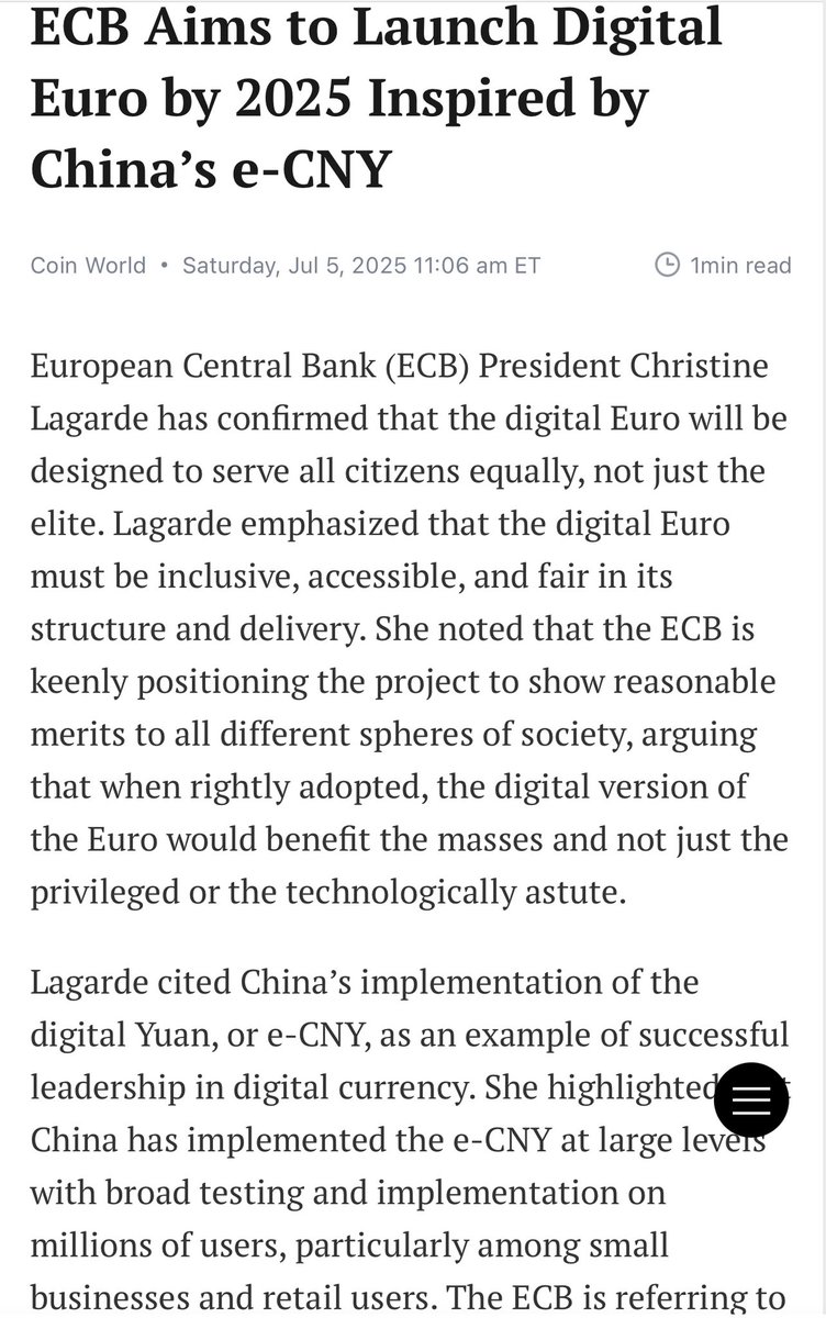 Je to důležité, tak se o tom moc nemluví, ale… 

V říjnu Evropská centrální banka spouští digitální euro. Inspirací je jí Čína. Šéfka ECB Christine Lagardeová s potleskem vyzdvihuje tamní rozsáhlé pilotní testování digitálního jüanu. 

Půjde o dosud nejzásadnější krok ke zrušení