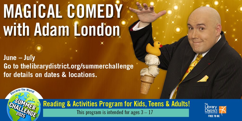 Las Vegas-Clark County Library District (@lvccld) on Twitter photo Enjoy a family-friendly magic & comedy performance with <a href="/adamlondonmagic/">Adam London</a> at the Library District! π© β¨
Attending this FREE event counts as an activity towards completing the #SummerChallenge for the chance to win cool prizes! π bit.ly/3FfygoV #FreeToBeCaptivated Enjoy a family-friendly magic & comedy performance with <a href="/adamlondonmagic/">Adam London</a> at the Library District! π© β¨
Attending this FREE event counts as an activity towards completing the #SummerChallenge for the chance to win cool prizes! π bit.ly/3FfygoV #FreeToBeCaptivated
