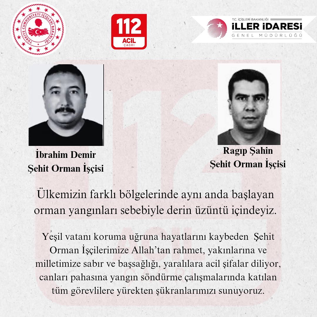 İzmir 112 Acil Çağrı Merkezi (@izmir112acm) on Twitter photo Yeşil vatan uğruna can veren şehitlerimize Allah’tan rahmet, kederli ailelerine başsağlığı diliyoruz.
Yangınla mücadelede görev alan tüm kahramanlara minnettarız.
Milletçe bu zor günleri de birlikte aşacağımıza inanıyoruz.
<a href="/112teknumara/">112 Acil Çağrı Merkezleri</a> <a href="/TC_icisleri/">T.C. İçişleri Bakanlığı</a> <a href="/izmirvaliligi/">T.C. İzmir Valiliği</a> Yeşil vatan uğruna can veren şehitlerimize Allah’tan rahmet, kederli ailelerine başsağlığı diliyoruz.
Yangınla mücadelede görev alan tüm kahramanlara minnettarız.
Milletçe bu zor günleri de birlikte aşacağımıza inanıyoruz.
<a href="/112teknumara/">112 Acil Çağrı Merkezleri</a> <a href="/TC_icisleri/">T.C. İçişleri Bakanlığı</a> <a href="/izmirvaliligi/">T.C. İzmir Valiliği</a>