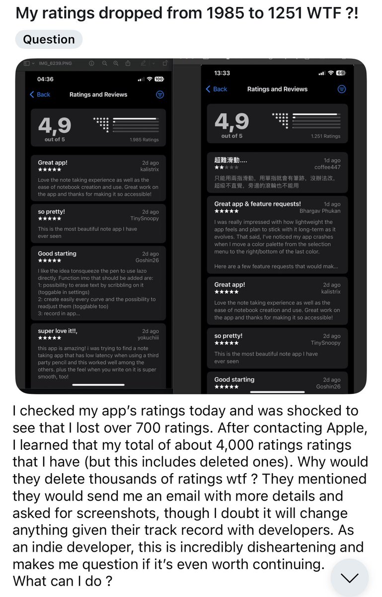 Hem düşük puan riski var hem de Apple spam olarak işaretleyip silebiliyor.

Bu arkadaş bir gün uyanıyor ve 700 rating’in silindiğini görüyor.