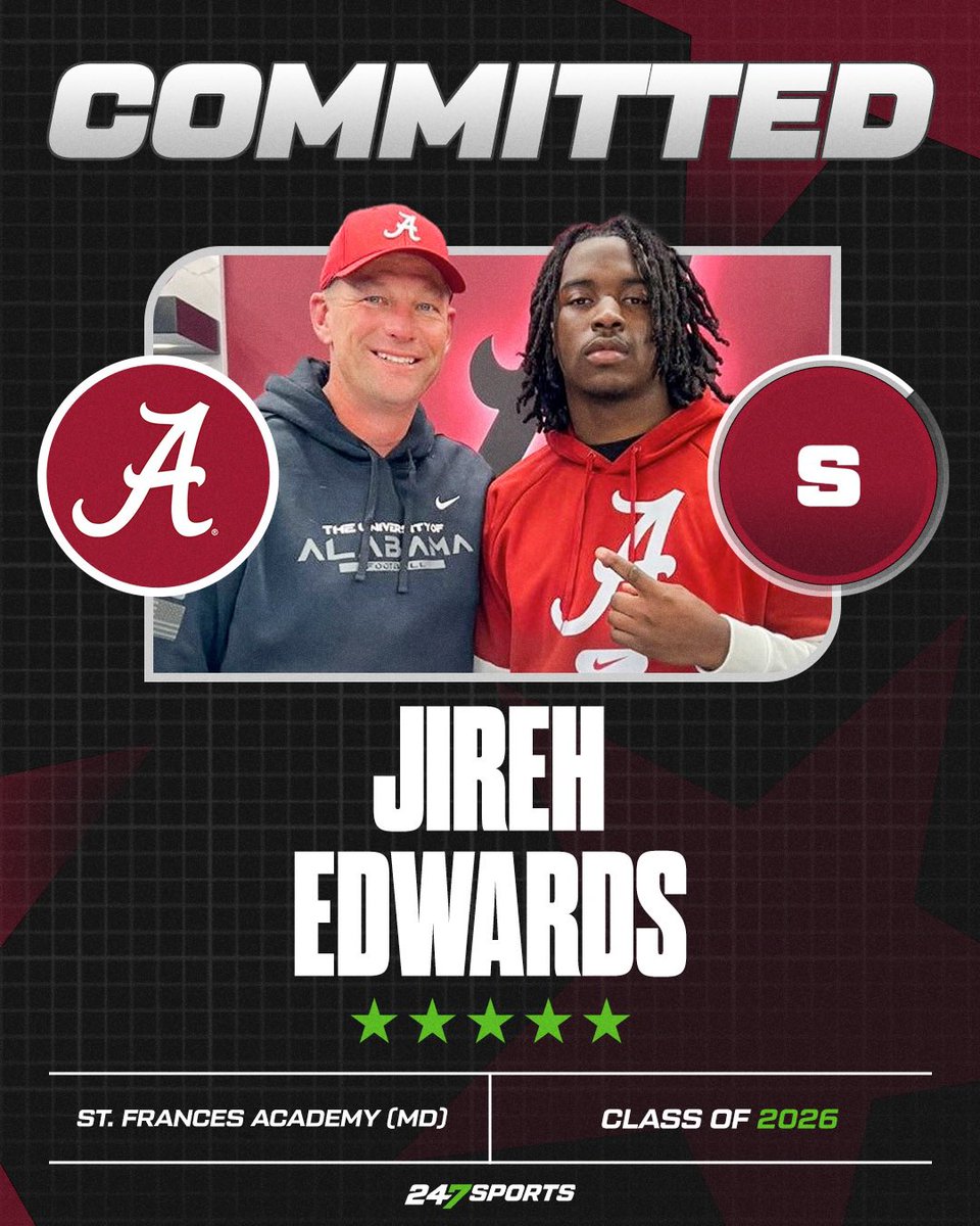 Brett Greenberg (@brettgreenberg_) on Twitter photo BREAKING: ⭐️⭐️⭐️⭐️⭐️ Jireh Edwards has committed to Alabama over Auburn & Georgia!
No. 3 safety is the fourth top-32 recruit in the class, the second in the secondary.
6-foot-2, 210 pounds.
<a href="/CoachMoLinguist/">Maurice Linguist</a> <a href="/CoachJasonJones/">Jason Jones</a> with another masterclass.
🐘 bit.ly/3TQPix0 BREAKING: ⭐️⭐️⭐️⭐️⭐️ Jireh Edwards has committed to Alabama over Auburn & Georgia!
No. 3 safety is the fourth top-32 recruit in the class, the second in the secondary.
6-foot-2, 210 pounds.
<a href="/CoachMoLinguist/">Maurice Linguist</a> <a href="/CoachJasonJones/">Jason Jones</a> with another masterclass.
🐘 bit.ly/3TQPix0