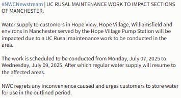 #NWCNewstream | #REMINDER UC RUSAL MAINTENANCE WORK TO IMPACT SECTIONS OF MANCHESTER.   

Water supply to customers in Manchester served by the Hope Village Pump Station will be impacted due to a UC Rusal maintenance work to be conducted in the area.  

See full release: