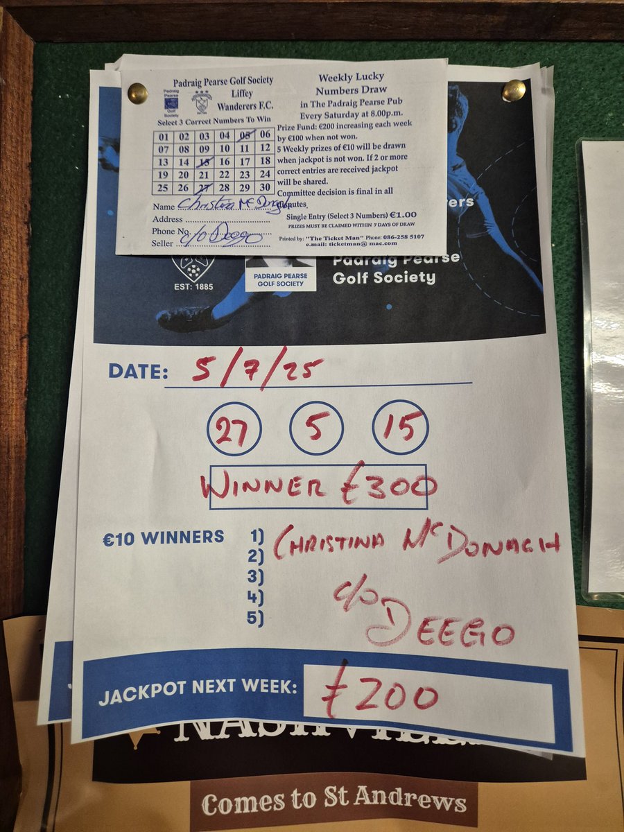 Result of this week's Lotto and we have a Jackpot winner. Congrats to Christina McDonagh on your €300 win.

Lotto resets next week at €200.

Thanks for the support 💙