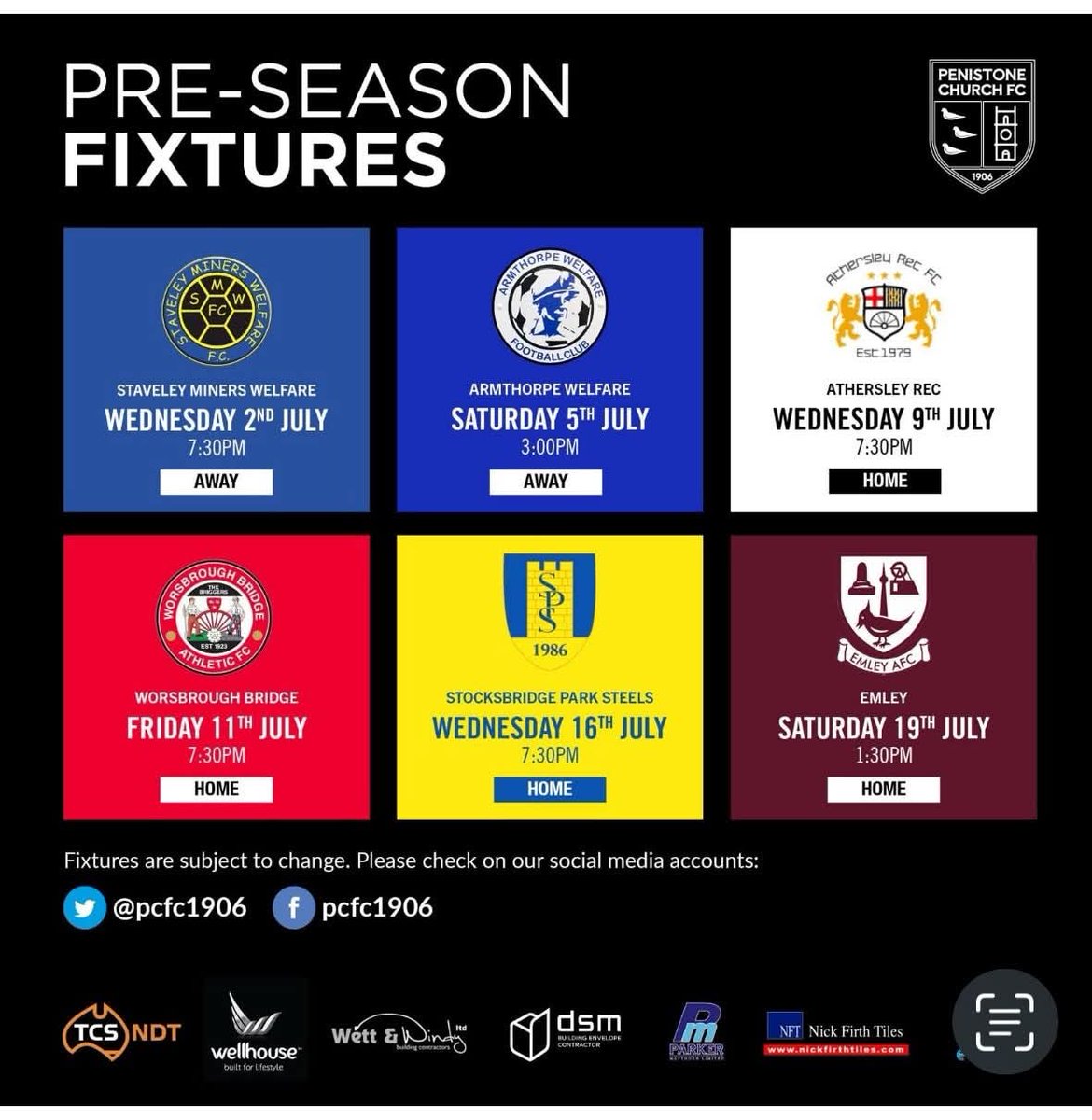 After two away games and two wins, we now move on to four consecutive home games, and two this week.

Wednesday 9th
<a href="/AthersleyRec/">Athersley Rec FC 🐧🐧🐧</a> 

Friday 11th
<a href="/WorsbroughBFC/">Worsbrough Bridge AFC</a> for the Charlie Wyatt Memorial Game

Adults £4
Concessions £2
Under 14s free with a paying adult

#UpTheChurch