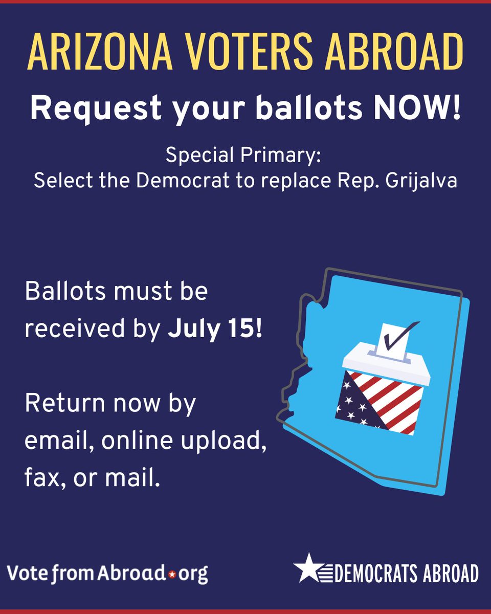 demsabroaduk's tweet image. 📣 Arizona voters abroad: Voters in parts of Maricopa, Pima, and Yuma counties -- Your voice matters!
Cast your vote in the July 15 Special Primary Election.🗳️
Learn more and request your ballot: votefromabroad.org/states/az