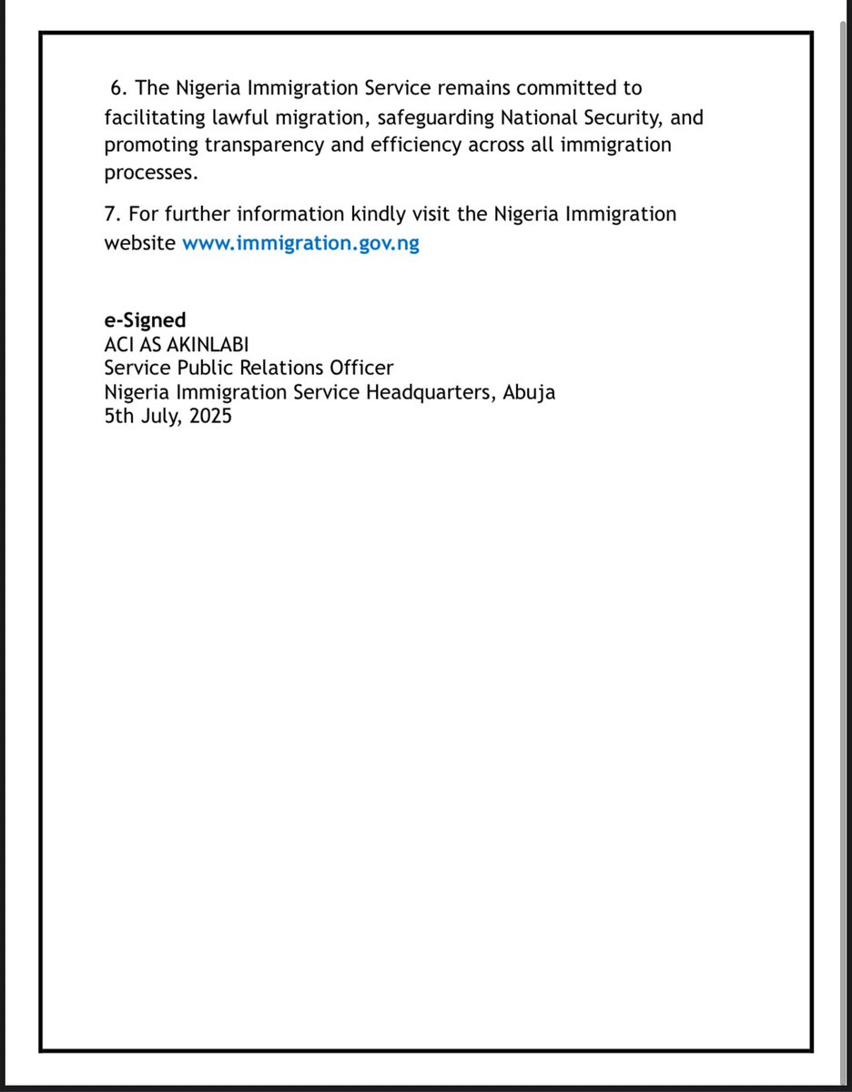 PRESS STATEMENT:

NIS ANNOUNCES AMNESTY WINDOW FOR VISA OVERSTAYERS TO REGULARIZE IMMIGRATION STATUS