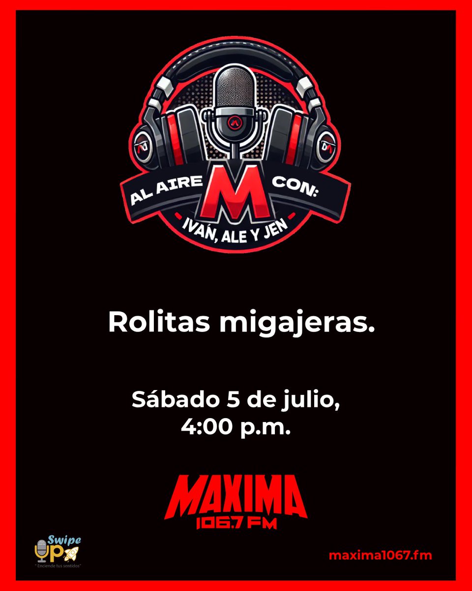 HolaSoyJennFM (@holasoyjennfm) on Twitter photo Hoy en #AlAire 🙃 hablaremos de “Rolitas Migajeras” 🤭 Cuéntanos, ¿Cuál crees que se lleva la corona? 👑 acompáñanos en esta divertida tarde a <a href="/IvanMichelfm/">Iván Michel</a> <a href="/AleeYudelevy/">Alejandra Magallanes ♔</a> y Jenn a las 4:00 p.m. a través de <a href="/MAXIMA1067FM/">MÁXIMA 106.7 FM</a>
#Radio #Maxima #tarde #EnVivo #tema #migajas #music Hoy en #AlAire 🙃 hablaremos de “Rolitas Migajeras” 🤭 Cuéntanos, ¿Cuál crees que se lleva la corona? 👑 acompáñanos en esta divertida tarde a <a href="/IvanMichelfm/">Iván Michel</a> <a href="/AleeYudelevy/">Alejandra Magallanes ♔</a> y Jenn a las 4:00 p.m. a través de <a href="/MAXIMA1067FM/">MÁXIMA 106.7 FM</a>
#Radio #Maxima #tarde #EnVivo #tema #migajas #music