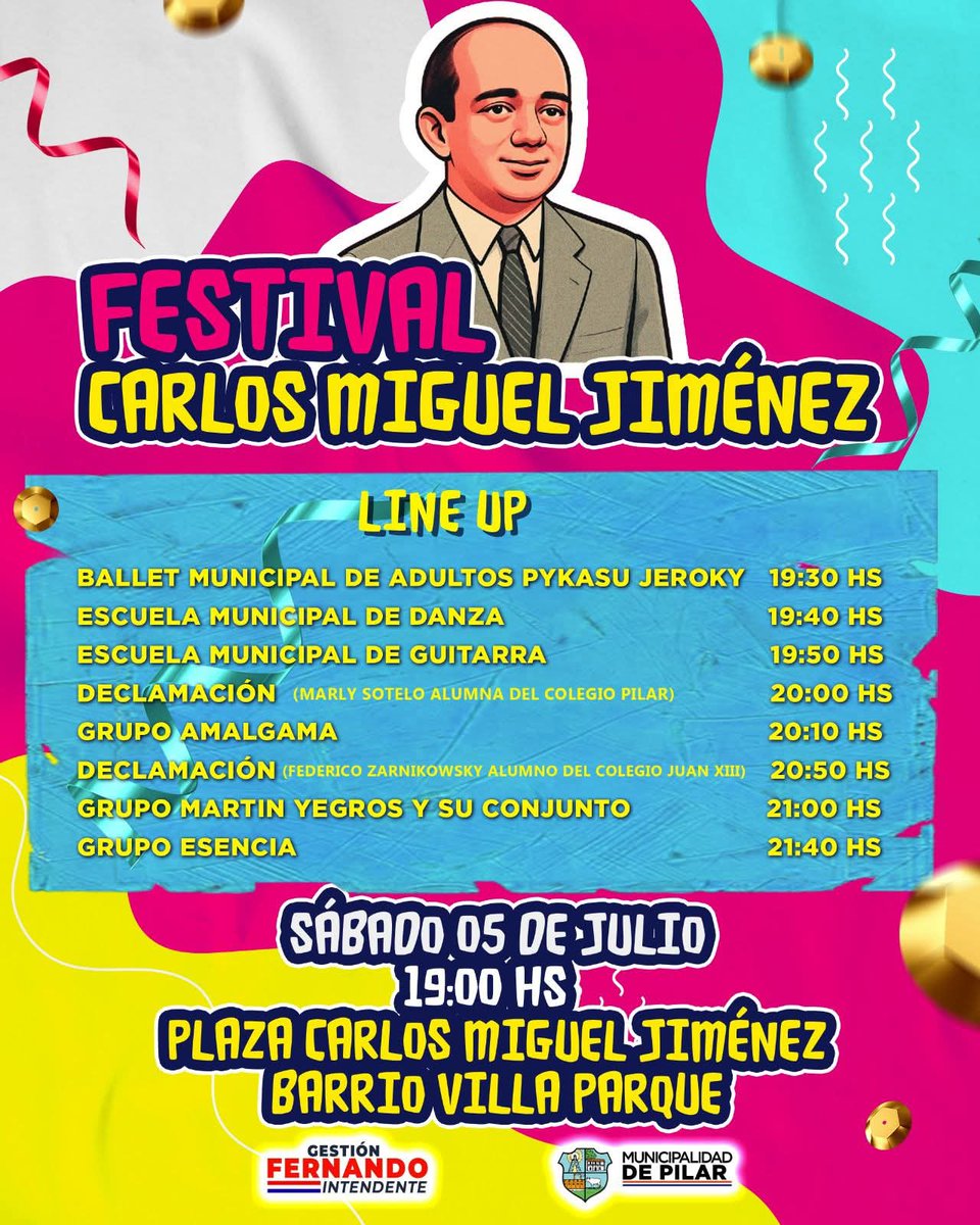 👉 Te compartimos el Line-up del festival en homenaje a nuestro vate pilarense Carlos Miguel Jiménez 🇵🇾 Te esperamos hoy en la plaza del barrio #VillaParque 🤗 El acceso es libre y gratuito!!👌